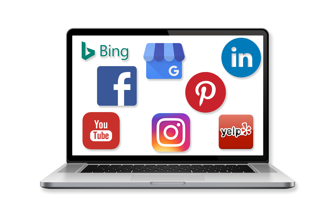 Laptop with social media icons on the screen.