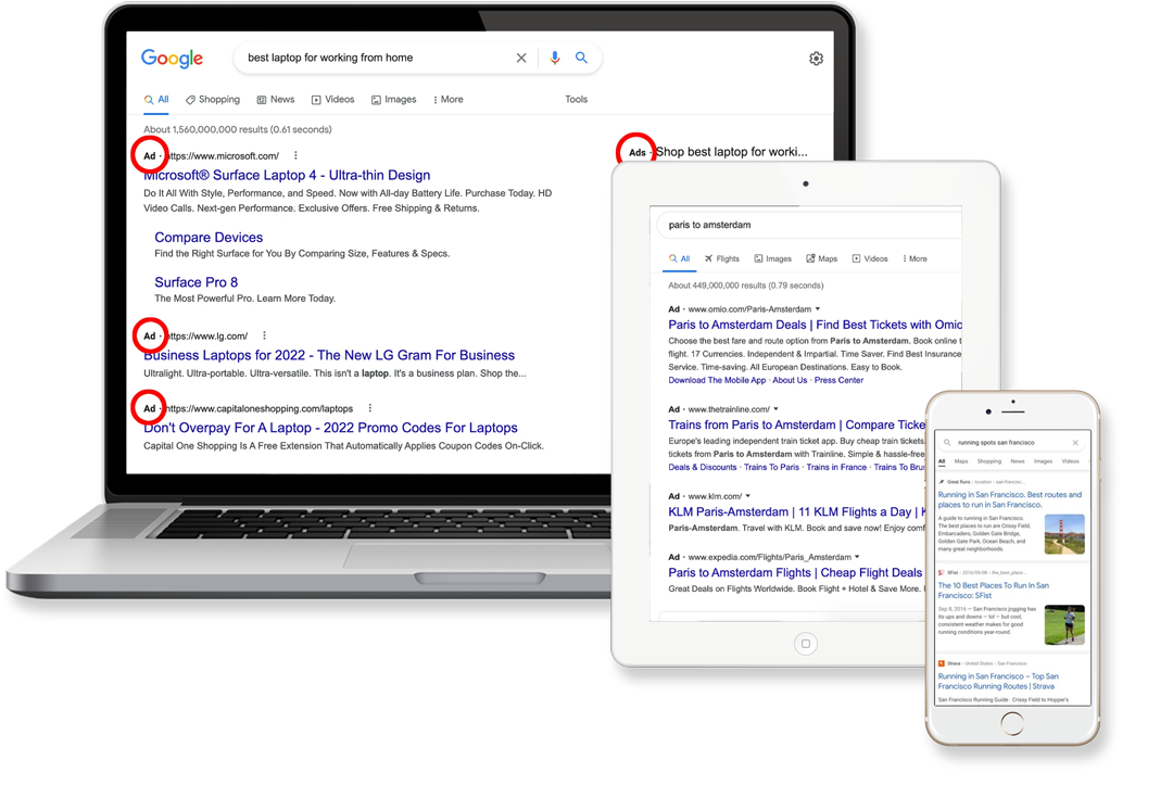 Google Search and Display ads PPC results on a laptop, tablet and iPhone screen